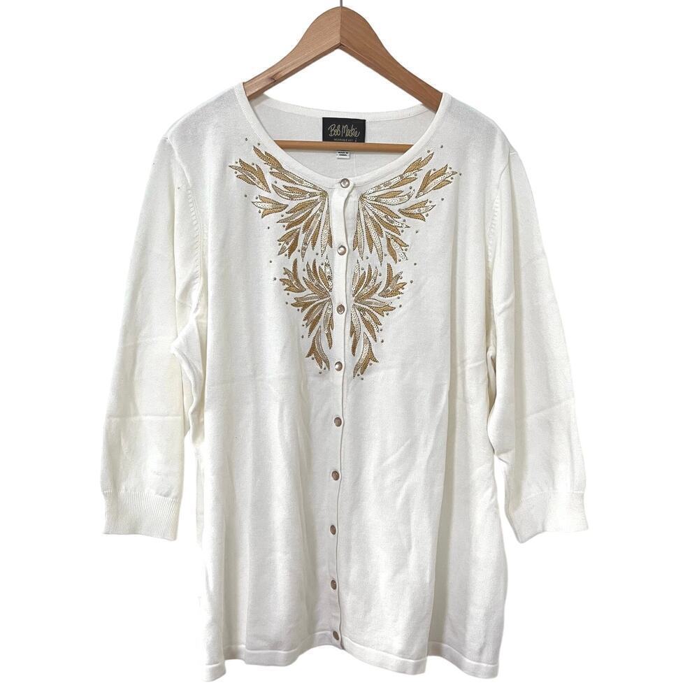 Bob Makie Wearable Art Embroidered Sequin Cardigan Size 2X‎ White Artsy NEW